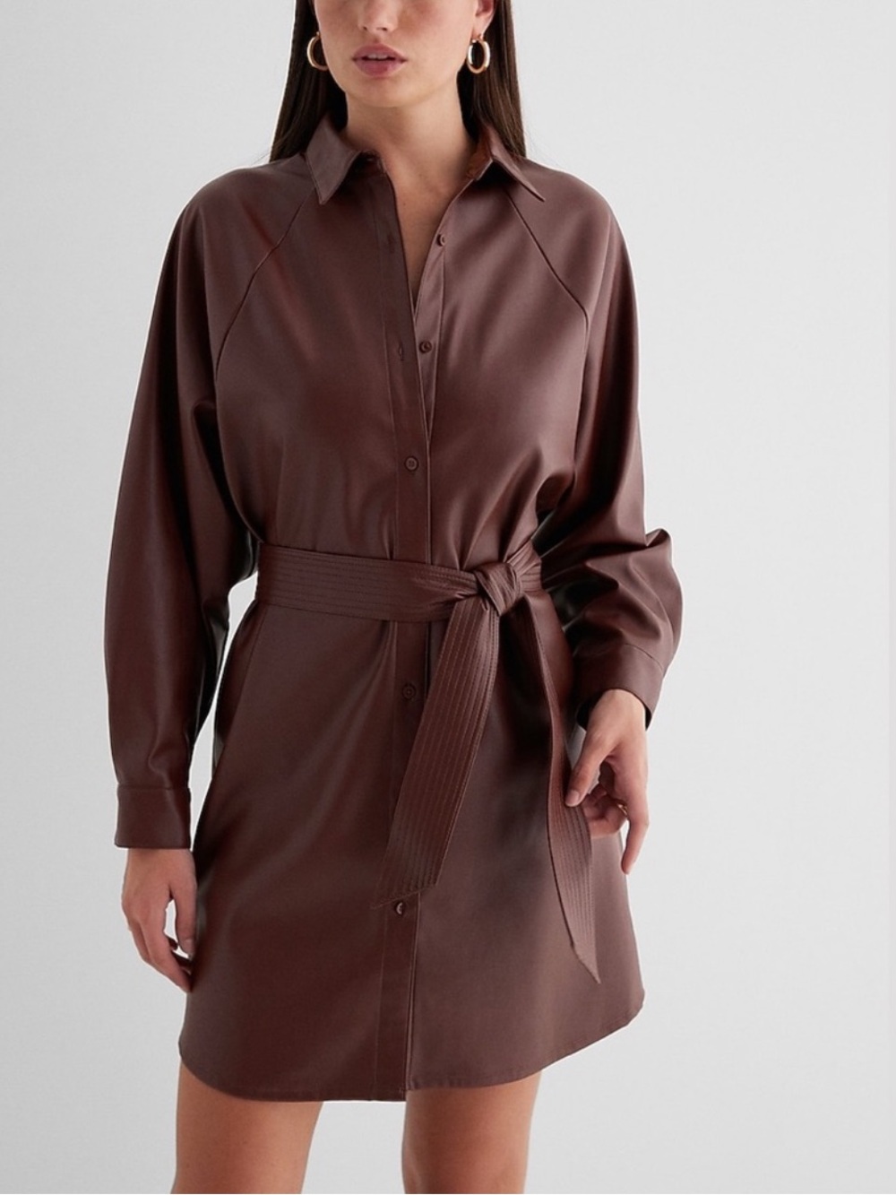 Express Faux Leather Shirt Dress in Mocha Brown